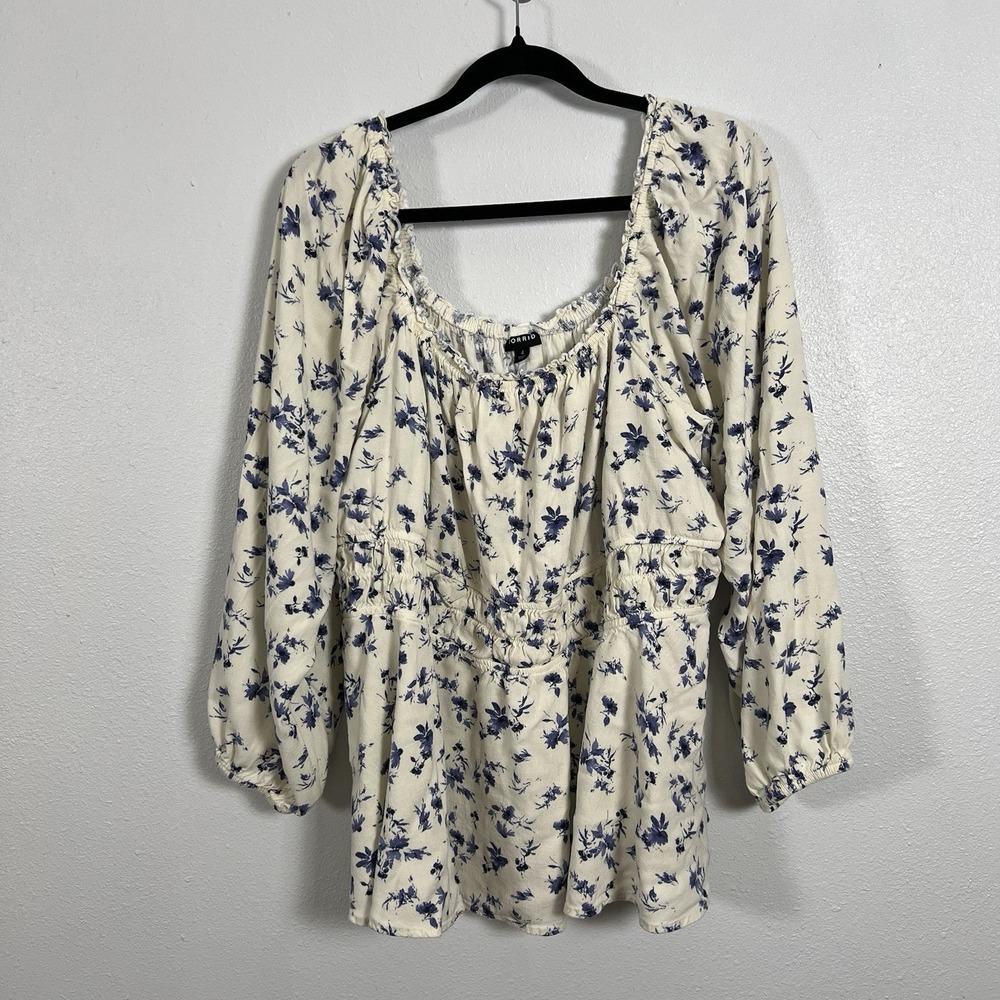 Torrid Floral Print Square Neck Peplum Top Cream Blue Long Sleeve Size 4